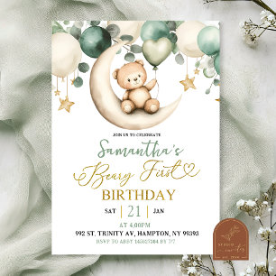 Sage Greenery Beary Erster Geburtstag Einladung