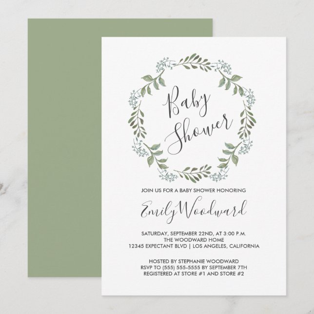 Sage Greenery Botanical Wreath Baby Shower Einladung (Vorne/Hinten)
