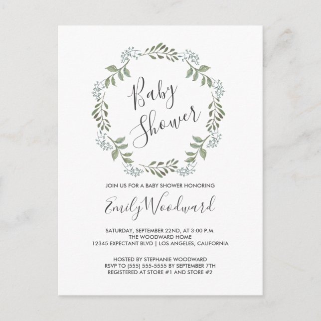 Sage Greenery Botanical Wreath Baby Shower Einladungspostkarte (Vorderseite)