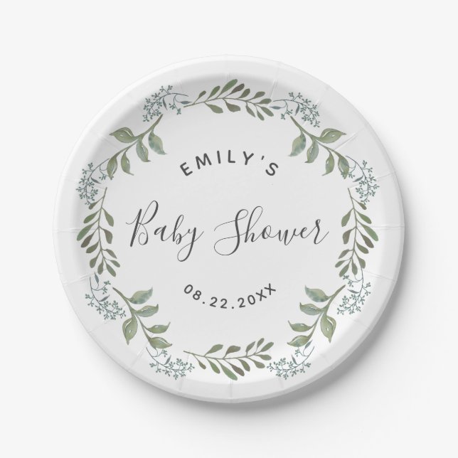 Sage Greenery Botanical Wreath Baby Shower Pappteller (Vorderseite)