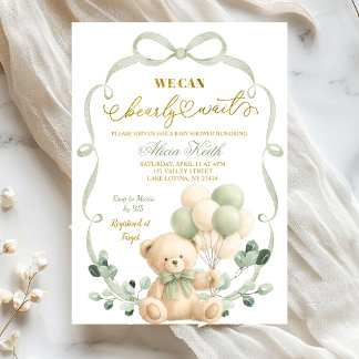 Sage Greenery Bow Coquette Bear Baby Shower Einladung