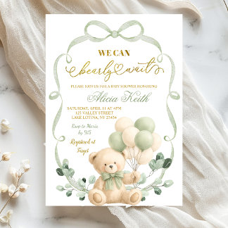 Sage Greenery Bow Coquette Bear Baby Shower Einladung