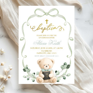 Sage Greenery Bow Coquette Bear Baptism Einladung