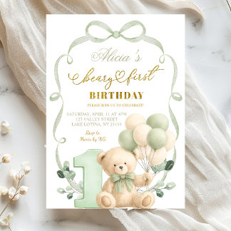 Sage Greenery Bow Coquette Beary First Birthday Einladung