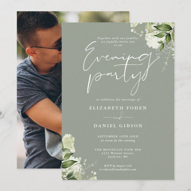 Sage Greenery Floral Foto Wedding Abend Party Einladung (Vorne/Hinten)