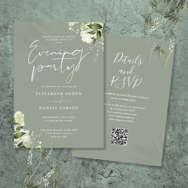 Sage Greenery Floral QR Code Wedding Abend Party Einladung (Sage Greenery Floral QR Code Wedding Evening Party Invitation)