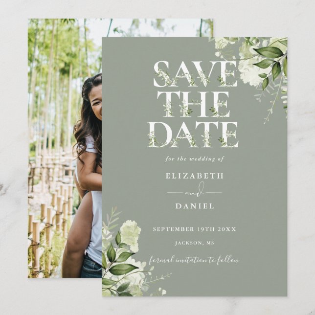 Sage Greenery Floral Typografy Foto Wedding Save The Date (Vorne/Hinten)