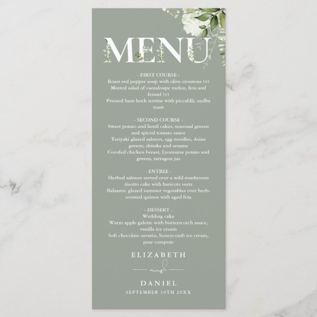 Sage Greenery Floral Typografy Monogram Wedding Menükarte (Vorderseite)