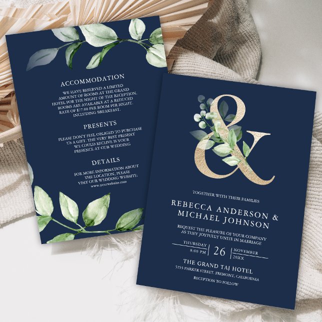 Sage Greenery Gold Ampersand Navy Blue Wedding Einladung (Von Creator hochgeladen)