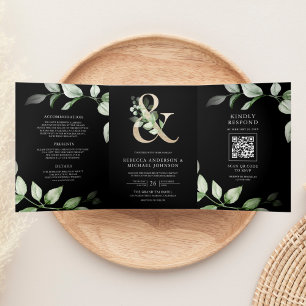 Sage Greenery Gold Ampersand QR Code Black Wedding Dreifach Gefaltete Einladung