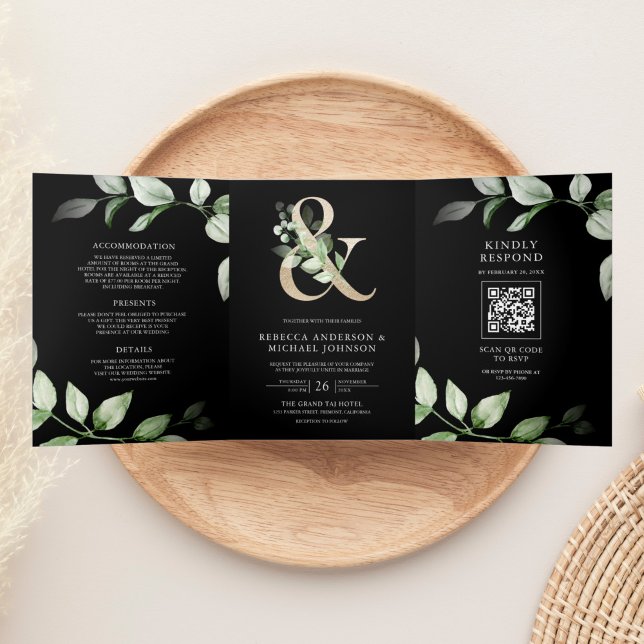 Sage Greenery Gold Ampersand QR Code Black Wedding Dreifach Gefaltete Einladung (Von Creator hochgeladen)