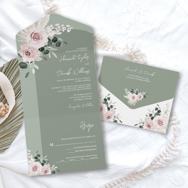 Sage Greenery Pink Floral Dusty Rose Hochzeit All In One Einladung (sage green pink floral rose wedding invitation)