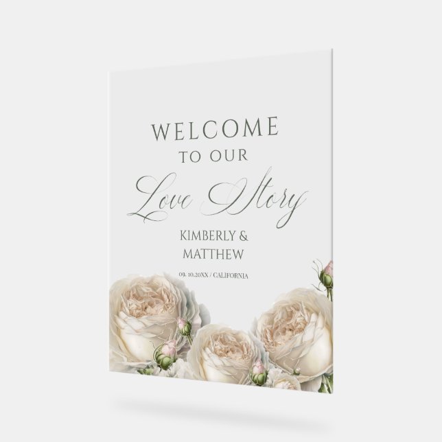 Sage Greenery Roses Welcome to Love Story Acrylschild (Winkel)