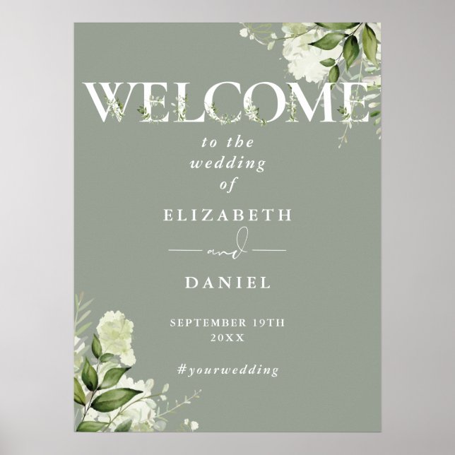 Sage Greenery Typografie Wedding Willkommenszeiche Poster (Vorne)