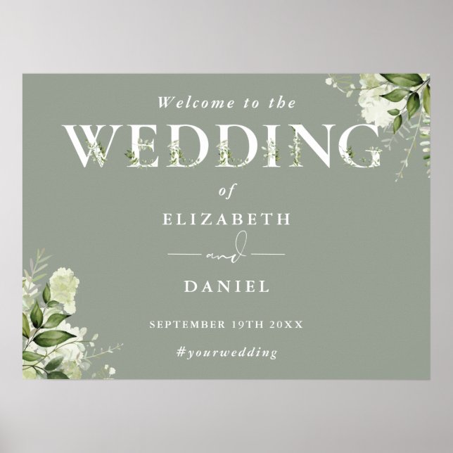 Sage Greenery Typografie Wedding Willkommenszeiche Poster (Vorne)