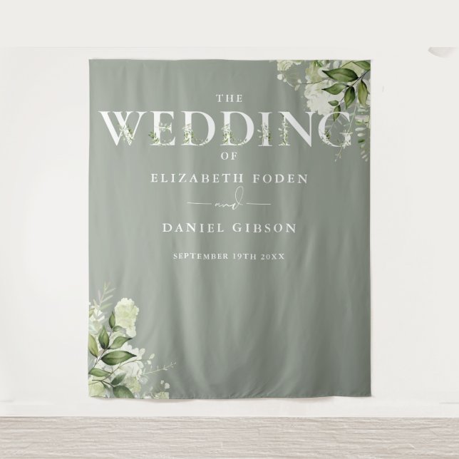 Sage Greenery Typografy Wedding Foto Hintergrund Wandteppich (Vorderseite)