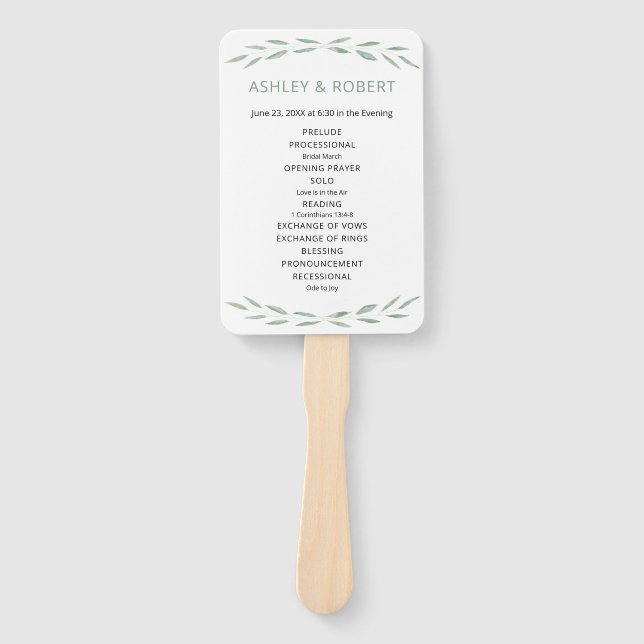 Sage Greenery Wedding Program, Botanischer Hand Fa Fächer (Vorderseite)