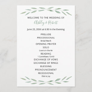 Sage Greenery Wedding Program, Botanisches Program Programm