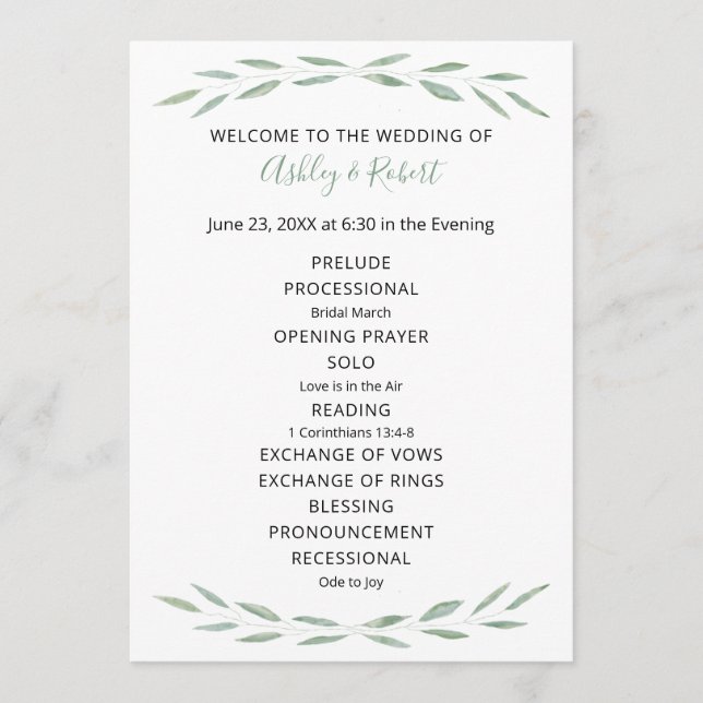Sage Greenery Wedding Program, Botanisches Program Programm (Vorderseite)
