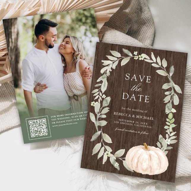 Sage Greenery White Pumpkin Wood Wedding Foto Save The Date (Von Creator hochgeladen)