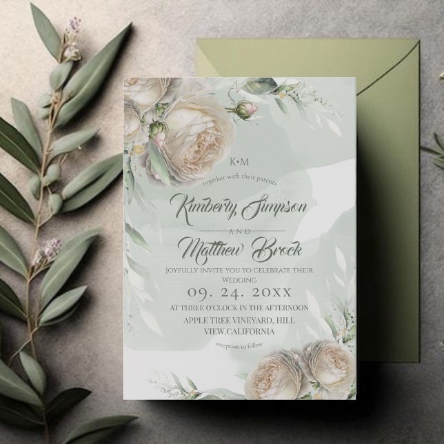 Sage Greenery White Rose Wedding Einladung (Von Creator hochgeladen)