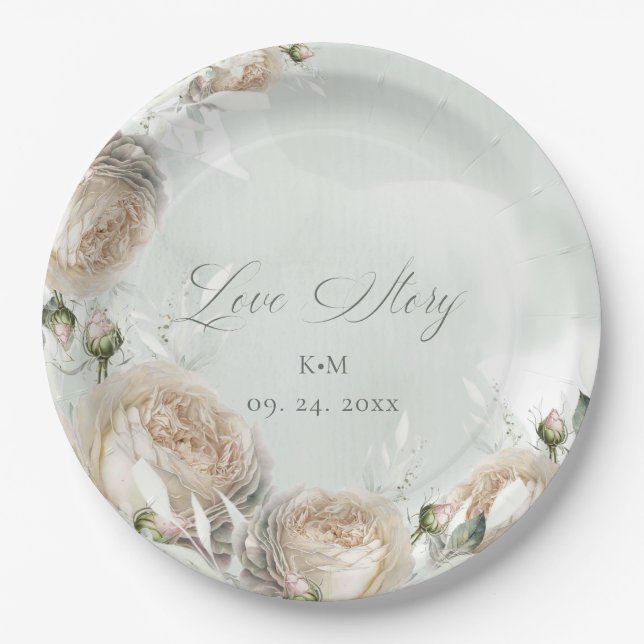 Sage Greenery White Rose Wedding Pappteller (Vorderseite)