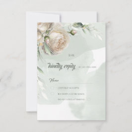 Sage Greenery White Rose Wedding RSVP Karte