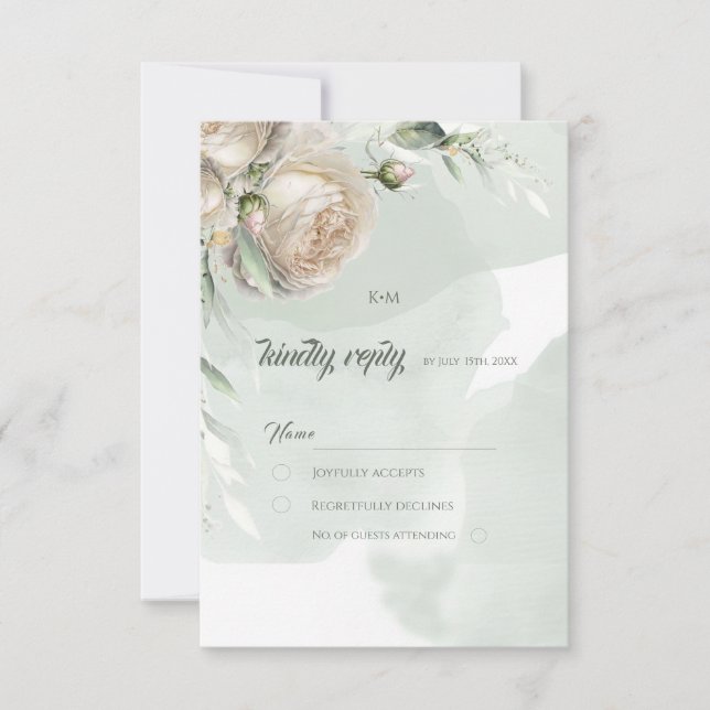 Sage Greenery White Rose Wedding RSVP Karte (Vorderseite)
