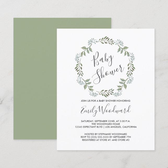 Sage Greenery Wreath Baby Dusche Einladung (Vorne/Hinten)