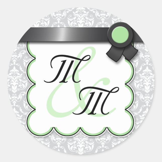 Sage & Grey Damask Stickers Double Monogramme (Devant)