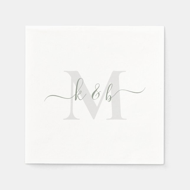Sage & Grey Monogramm Swash-Schrift Weiße Cocktail Serviette (Vorderseite)