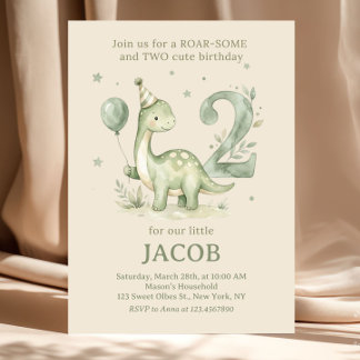 Sage Grün Aquarell Dino 2. Geburtstag Einladung