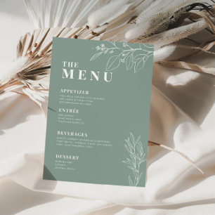 Sage-Grün Boho-Hochzeitsmenü mit floraler Kunstwer Menükarte