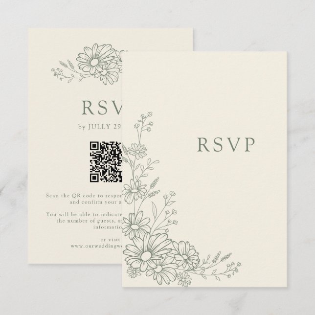 Sage Grün Botanischer Daisy QR-Code Hochzeit RSVP Karte (Vorne/Hinten)