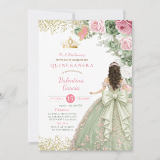 Sage-Grün Errötende Florale Quinceañera-Einladung Einladung