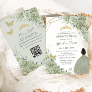 Sage Grün Floral Braun Prinzessin Quinceañera QR Einladung