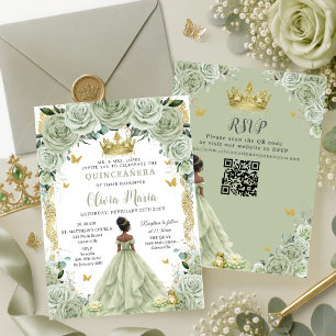 Sage Grün Floral Prinzessin und Frosch Quinceañera Einladung