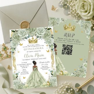 Sage Grün Floral Prinzessin und Frosch Quinceañera Einladung