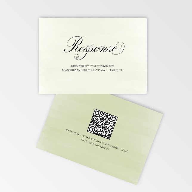 Sage Grün Floral QR Code Hochzeits-RSVP-Script RSVP Karte (Elegant sage green floral RSVP card with QR code for easy online responses)