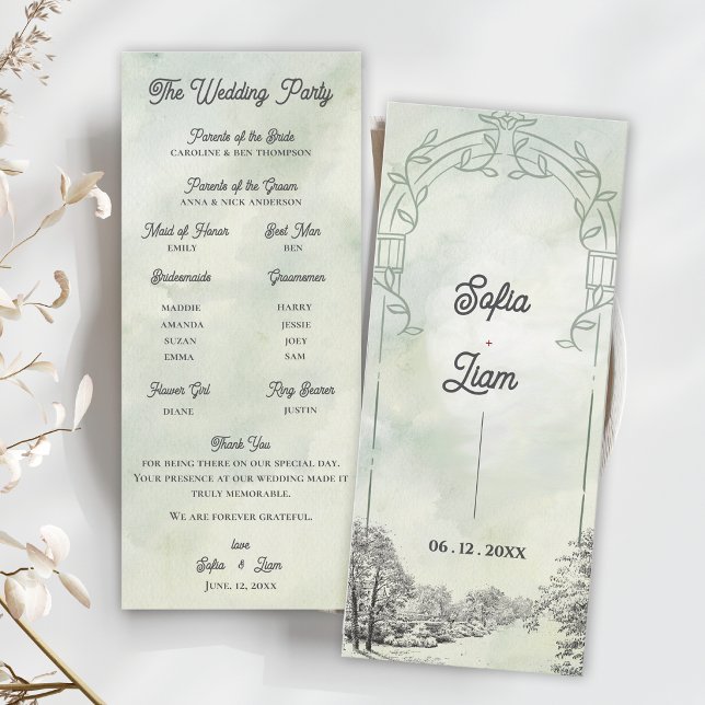 Sage Grün Gartenbogen Hochzeitszeremonie Programm (Sage Green Garden Arch Wedding Program | Elegant Botanical Ceremony Card)