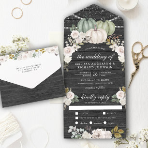 Sage Grün Kürbis und weiße florale Holzhochzeit All In One Einladung