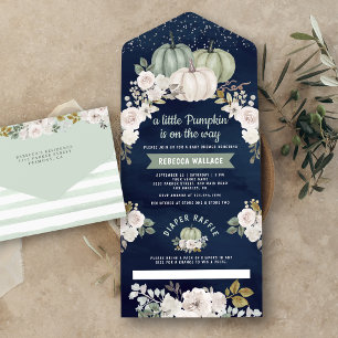Sage Grün Kürbis Weiß Floral Navy Baby Shower All In One Einladung