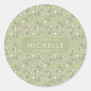 Sage Grün Pink Weiße Blumen Florales Boho Muster Runder Aufkleber