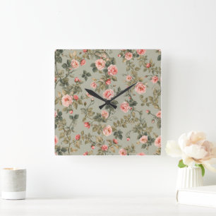 Sage Grün Retro-Maximalist Blumenmuster Quadratische Wanduhr