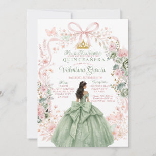 Sage Grün Rosa Floral Gold Prinzessin Quinceañera Einladung