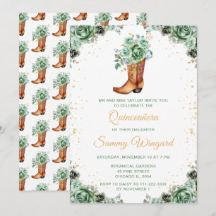 Sage Grün und Gold Floral Cowboy Stiefel Quinceañe Einladung
