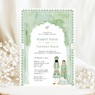 Sage-Grün-Wasserfarbe-Bogenrahmen-Sikh-Hochzeit Einladung
