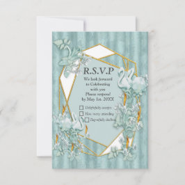 Sage Grüne Seide & Gold, weißer Flamingo, Glitzern RSVP Karte