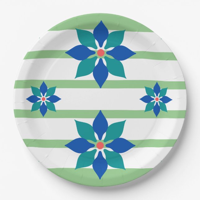 Sage Grüne Streifen und blaue Blumen Pappteller (Vorderseite)