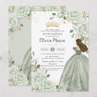 Sage Grünes Blumen-Prinzessinnen-Kleid Quinceañera Einladung